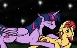 Size: 1280x800 | Tagged: safe, artist:angeltorchic, sunset shimmer, twilight sparkle, twilight sparkle (alicorn), alicorn, pony, unicorn, cuddling, female, floppy ears, lesbian, night, prone, shipping, snuggling, stars, sunsetsparkle