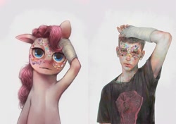 Size: 1068x750 | Tagged: safe, artist:crookedtrees, pinkie pie, human, abstract, bust, button, comparison, parody, portrait, sad