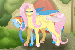 Size: 1250x833 | Tagged: safe, artist:bijutsuyoukai, derpibooru import, fluttershy, rainbow dash, pegasus, pony, comic:the point of no return, badass, fanfic, fanfic art, female, flutterbadass, flutterdash, lesbian, shipping