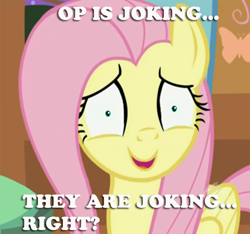 Size: 720x674 | Tagged: safe, fluttershy, pegasus, pony, bad poker face, image macro, looking at you, nervous, open mouth, shrunken pupils, smiling, solo, wide eyes