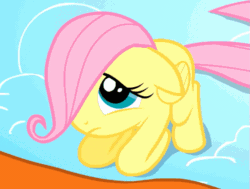 Size: 555x420 | Tagged: dead source, source needed, useless source url, safe, fluttershy, pegasus, pony, animated, cloud, cute, eye shimmer, filly, floppy ears, frown, hair over one eye, looking up, prone, sad, shyabetes, solo, younger