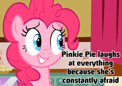 Size: 500x353 | Tagged: safe, pinkie pie, earth pony, pony, female, headcanon, mare, pink coat, pink mane, simple background, solo