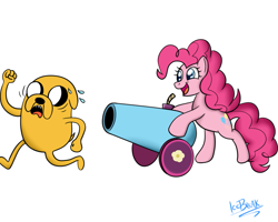 Size: 999x799 | Tagged: safe, artist:icebreak23, pinkie pie, earth pony, pony, adventure time, crossover, jake the dog, party cannon