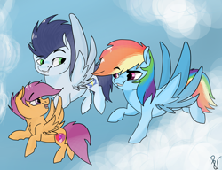 Size: 1280x981 | Tagged: safe, artist:poowndraww, derpibooru import, rainbow dash, scootaloo, soarin', pegasus, pony, female, male, scootaloo can fly, scootalove, shipping, soarindash, straight