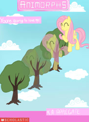 Size: 900x1235 | Tagged: safe, fluttershy, pegasus, pony, animorphs, book, cloud, cloudy, dendrification, female, fluttertree, literary parody, mare, parody, transformation, tree