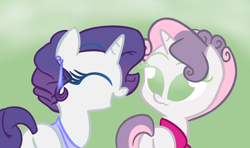 Size: 3248x1928 | Tagged: safe, artist:rurity, rarity, sweetie belle, pony, unicorn, alternate hairstyle, ayy lmao, clothes, earring, eyes closed, looking back, older, open mouth, smiling