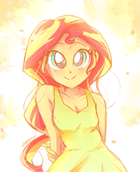 Size: 755x930 | Tagged: safe, artist:kelsea-chan, sunset shimmer, human, equestria girls, arm behind back, beautiful, blushing, breasts, cleavage, cute, female, looking at you, shimmerbetes, smiling, solo