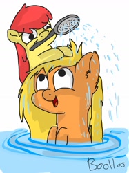 Size: 1280x1707 | Tagged: safe, artist:boohoo, apple bloom, applejack, earth pony, pony, 30 minute art challenge, bath, wet mane