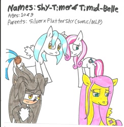 Size: 1216x1248 | Tagged: safe, artist:cmara, fluttershy, oc, oc:shy-timer, oc:timid-belle, hybrid, pegasus, pony, crossover, crossover shipping, female, interspecies, interspecies offspring, male, offspring, parent:fluttershy, parent:silver the hedgehog, parents:silvershy, shipping, silver the hedgehog, silvershy, sonic the hedgehog (series), straight, traditional art