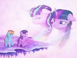 Size: 1024x768 | Tagged: safe, artist:novaintellus, derpibooru import, rainbow dash, starlight glimmer, twilight sparkle, pegasus, pony, unicorn, fanfic:little glimpses, fanfic, fanfic art, fanfic cover, sad