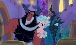 Size: 1647x982 | Tagged: safe, screencap, cozy glow, lord tirek, queen chrysalis, centaur, changeling, changeling queen, pegasus, pony, the summer sun setback, adorabolical, antagonist, banner, barrel, bow, bracer, canterlot, cozybetes, crown, cute, evil, evil grin, female, filly, flying, foal, freckles, grin, hair bow, jewelry, leaning, listening, male, mare, night, nose piercing, nose ring, piercing, plan, raised eyebrow, regalia, scheme, smiling, smirk, stairs, tail bow, tirebetes, trio, wall of tags, whispering