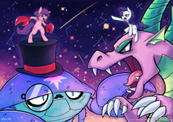 Size: 1273x900 | Tagged: safe, artist:jopiter, rarity, spike, crab, dragon, pony, unicorn, cancer (horoscope), classy, fight, hat, like a sir, monocle, monocle and top hat, monster, moustache, older, older spike, ponyscopes, rarity fighting a giant crab, riding, top hat, zodiac