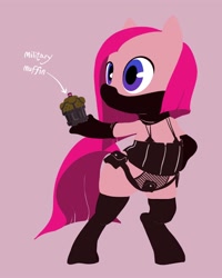 Size: 800x1000 | Tagged: safe, artist:changeunism, pinkie pie, pony, bipedal, clothes, costume, mask, muffin, parody, pinkamena diane pie, solo, weapon