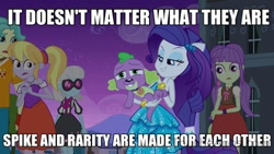Size: 640x360 | Tagged: safe, screencap, cloudy kicks, photo finish, rarity, spike, starlight, equestria girls, background human, bestiality, female, image macro, interspecies, male, meme, shipping, sparity, straight, text, zoophilia