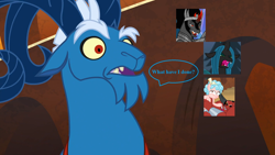 Size: 1920x1080 | Tagged: safe, screencap, cozy glow, grogar, king sombra, lord tirek, queen chrysalis, centaur, changeling, changeling queen, pegasus, pony, unicorn, frenemies (episode), the beginning of the end, caption, chat bubble, female, filly, funny, funny face, image macro, male, ram, shocked, text
