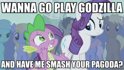 Size: 800x450 | Tagged: safe, edit, edited screencap, screencap, rarity, spike, dragon, earth pony, pony, unicorn, boast busters, atop the fourth wall, bad pickup line spike, caption, female, godzilla (series), innuendo, male, mare, stallion