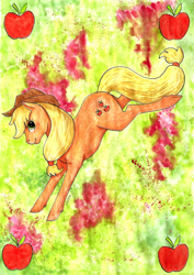 Size: 1634x2306 | Tagged: safe, artist:raevenilonka, applejack, earth pony, pony, abstract background, bucking, cutie mark, solo, traditional art