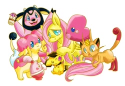 Size: 1102x754 | Tagged: safe, artist:kittyichooseyou, fluttershy, pegasus, pony, audino, crossover, happiny, luvdisc, meowth, miltank, pichu, pink, pokémon, shiny pokémon