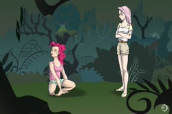 Size: 1970x1300 | Tagged: safe, artist:narutopony, fluttershy, pinkie pie, everfree forest, humanized