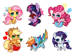 Size: 323x232 | Tagged: safe, artist:snow angel, derpibooru import, applejack, fluttershy, pinkie pie, rainbow dash, rarity, twilight sparkle, butterfly, earth pony, pegasus, pony, unicorn, apple, balloon, book, flying, food, happy, looking at you, mane six, pixelated, simple background, transparent background