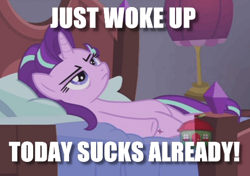 Size: 460x324 | Tagged: safe, edit, edited screencap, screencap, starlight glimmer, pony, a royal problem, cropped, grumpy, image macro, meme, morning ponies, solo