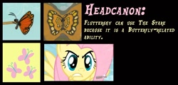 Size: 960x459 | Tagged: safe, edit, edited screencap, screencap, fluttershy, butterfly, pegasus, pony, may the best pet win, stare master, cutie mark, headcanon, hub logo, the stare