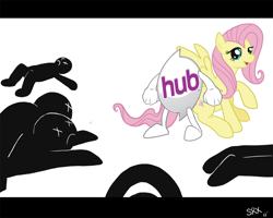 Size: 1050x840 | Tagged: safe, artist:pterosaurpony, fluttershy, pegasus, pony, fight, hub logo, hubble, the hub