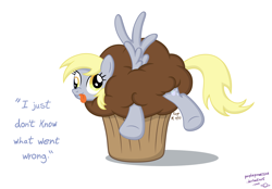 Size: 1600x1116 | Tagged: safe, artist:purpleprowess48, derpy hooves, pegasus, pony, female, mare, muffin, quote, solo