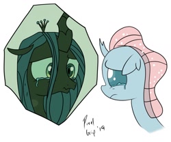 Size: 1545x1283 | Tagged: safe, artist:pixelgrip94, ocellus, queen chrysalis, changedling, changeling, changeling queen, what lies beneath, atg 2019, digital art, female, newbie artist training grounds, reflection, teary eyes