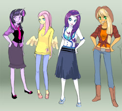 Size: 700x639 | Tagged: safe, artist:klinanime, derpibooru import, applejack, fluttershy, rarity, twilight sparkle, horned humanization, humanized, pony coloring, winged humanization