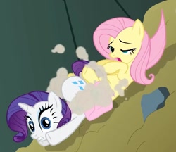 Size: 913x790 | Tagged: safe, screencap, fluttershy, rarity, pegasus, pony, unicorn, dragonshy, cropped, duo, dust cloud, female, mare, out of context, sliding