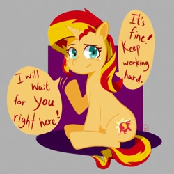 Size: 900x900 | Tagged: safe, artist:aka-ryuga, sunset shimmer, pony, unicorn, :t, dialogue, solo, speech bubble, underhoof, waiting