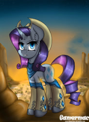 Size: 1100x1500 | Tagged: safe, artist:gamermac, rarity, pony, unicorn, backlighting, bandana, boots, clothes, hat, hoof boots, solo, western