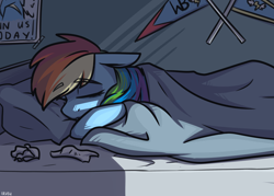 Size: 3500x2500 | Tagged: safe, artist:lrusu, derpibooru import, rainbow dash, pegasus, pony, bed, bedroom, bedsheets, eyes closed, female, floppy ears, mare, multicolored hair, pillow, poster, sheet, sleeping, solo