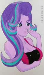 Size: 532x900 | Tagged: safe, artist:silver-wingx, starlight glimmer, equestria girls, big breasts, breasts, cleavage, clothes, female, nail polish, simple background, smiling, solo, sports bra, starlight jiggler, traditional art