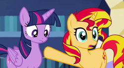 Size: 1080x596 | Tagged: safe, artist:razvimorar5, edit, screencap, sunset shimmer, twilight sparkle, twilight sparkle (alicorn), alicorn, pony, unicorn, female, mare, open mouth