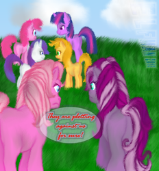 Size: 530x572 | Tagged: safe, artist:elfman83ml, derpibooru import, applejack, pinkie pie, pinkie pie (g3), rarity, twilight sparkle, wysteria, earth pony, pony, unicorn, g3, g4, generational ponidox