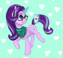 Size: 1300x1200 | Tagged: safe, artist:gingerady, starlight glimmer, pony, unicorn, coffee, ear piercing, earring, female, glasses, glowing horn, hipster, jewelry, magic, mare, piercing, solo, starbucks, telekinesis