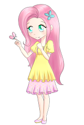 Size: 730x1095 | Tagged: safe, artist:sakurayagami, fluttershy, butterfly, breasts, clothes, delicious flat chest, dress, flattershy, humanized, skinny