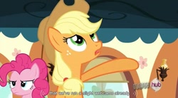 Size: 847x466 | Tagged: safe, screencap, applejack, pinkie pie, earth pony, pony, games ponies play, youtube caption