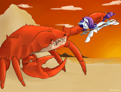 Size: 1024x783 | Tagged: safe, artist:spiritcookie, rarity, crab, pony, unicorn, beach, harpoon, rarity fighting a giant crab, solo, spear, sunset