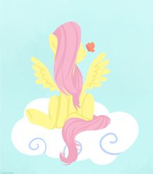 Size: 784x890 | Tagged: safe, artist:courierbear, fluttershy, butterfly, pegasus, pony, cloud, solo