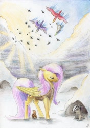 Size: 2449x3480 | Tagged: safe, artist:dragonademetal, fluttershy, badger, bird, pegasus, pony, squirrel, winter wrap up, animal team, clothes, female, mare, snow, solo, traditional art, vest, winter, winter wrap up vest