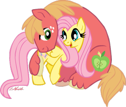 Size: 505x429 | Tagged: safe, artist:kenaibear, big macintosh, fluttershy, earth pony, pegasus, pony, fluttermac, hug, male, shipping, size difference, stallion, straight