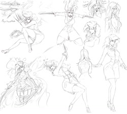 Size: 1280x1152 | Tagged: safe, artist:sundown, rarity, human, action pose, elf ears, horned humanization, humanized, knife, magic, monochrome, scar, sketch dump, sword, weapon