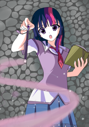 Size: 704x1000 | Tagged: safe, artist:darkwolfalika, derpibooru import, twilight sparkle, book, humanized, magic, magic wand, solo, wand