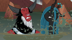 Size: 1920x1080 | Tagged: safe, screencap, lord tirek, queen chrysalis, centaur, changeling, changeling queen, frenemies (episode), duo, eyes closed, female, male, nose piercing, nose ring, piercing, water