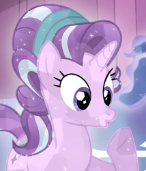 Size: 840x980 | Tagged: safe, screencap, starlight glimmer, crystal pony, pony, the crystalling, alternate hairstyle, cropped, crystallized, duckface, headband, raised hoof, solo focus