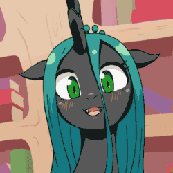 Size: 540x540 | Tagged: safe, artist:siagia, edit, editor:kerinova, queen chrysalis, changeling, changeling queen, animated, blinking, blushing, cute, cute little fangs, cutealis, fangs, female, frame by frame, gif, golden oaks library, library, looking at you, loop, open mouth, perfect loop, smiling, solo
