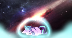 Size: 800x427 | Tagged: safe, artist:nazliarc, starlight glimmer, pony, unicorn, crying, eyes closed, force field, prone, solo